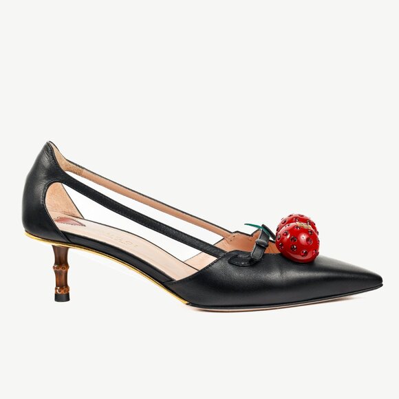 Gucci Unia Black Leather Cherry-Embellished Pointed-Toe Heels - Picture 2 of 10
